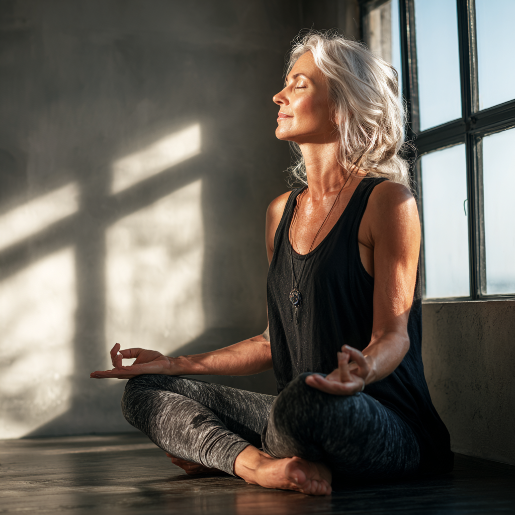 Middle-aged woman practicing gentle yoga in natural light studio