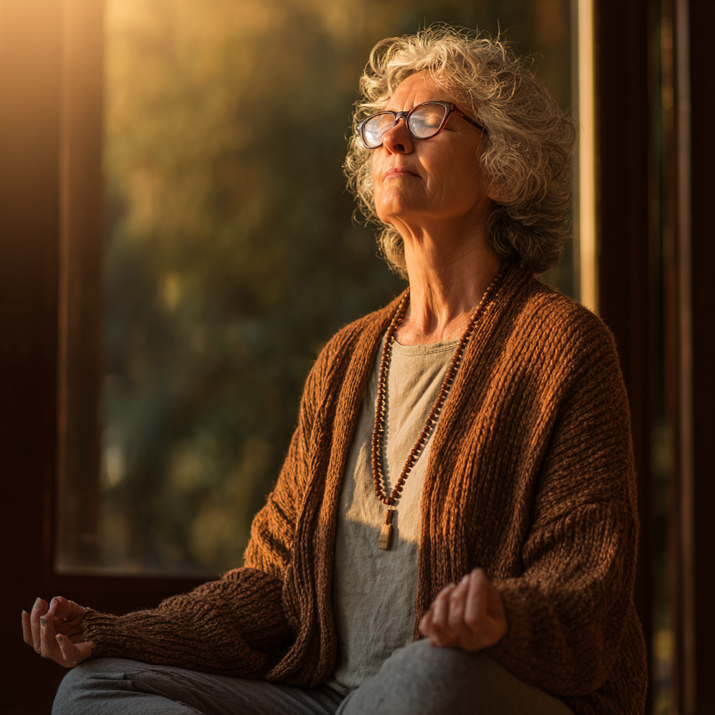 Older adult practicing mindful breathing exercises in serene environment